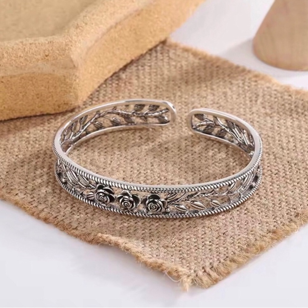 Sterling Silver Floral Open Cuff Bracelet